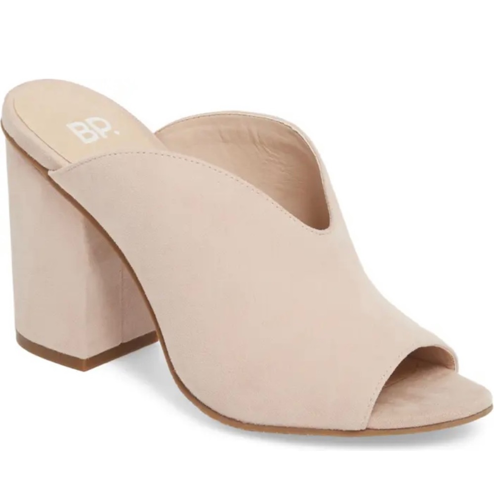 BP Tonya Open Toe Mule Heels, Blush Suede